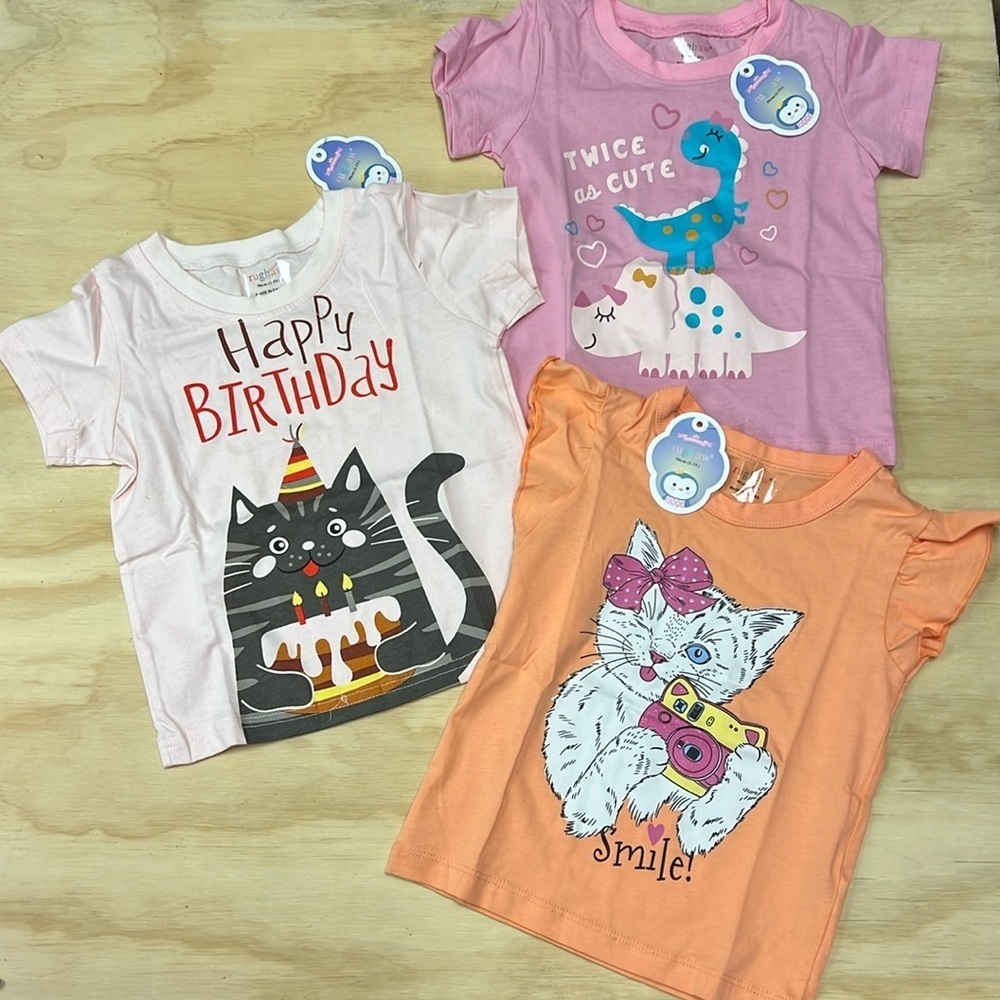 Girls 3 Pack Bundle Graphic 100% Cotton T-Shirts, Short Sleeve, Size 2-3 years